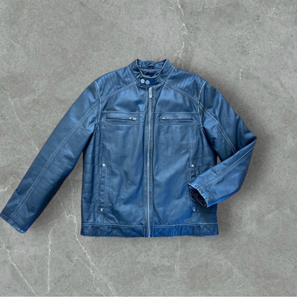 Guess Men’s L Black Leather Motorcycle Style Jacket
